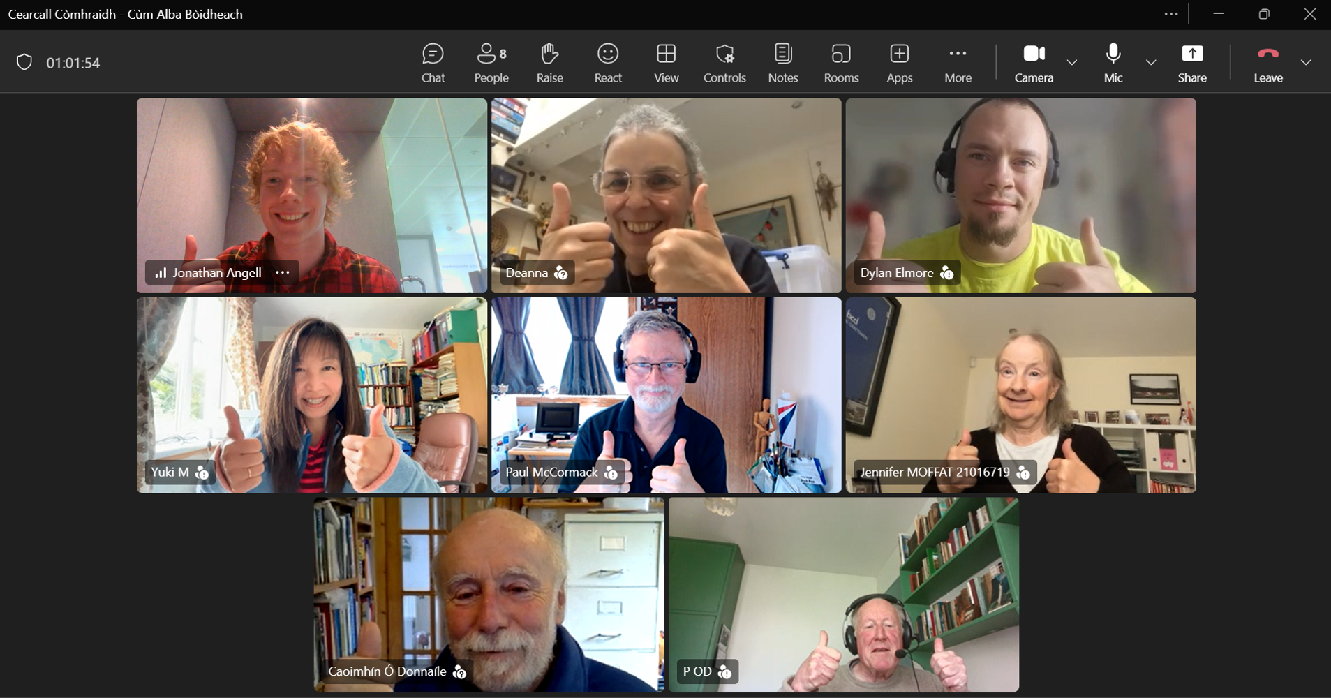 Image shows eight people on a Teams call during a Gaelic Conversation Circle