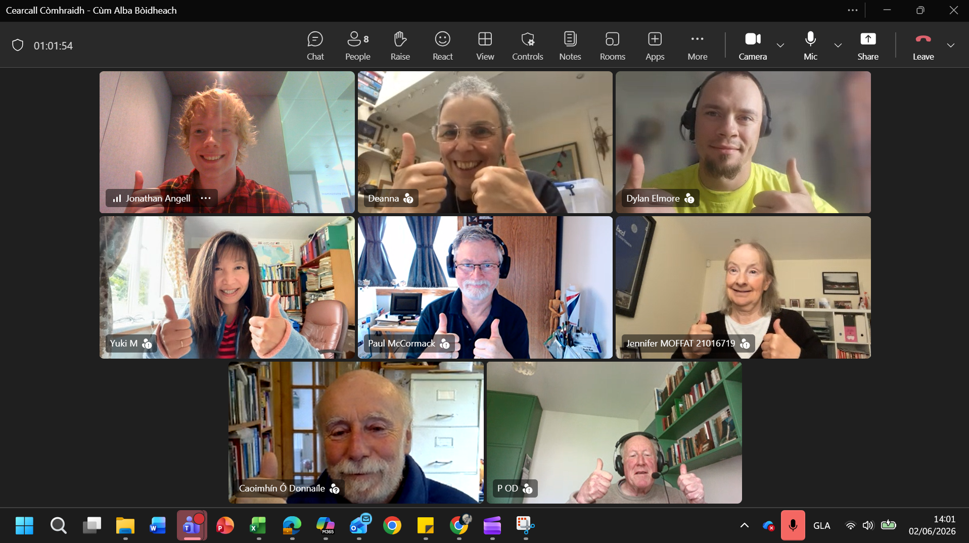 Image shows eight people on a Teams call during a Gaelic Conversation Circle